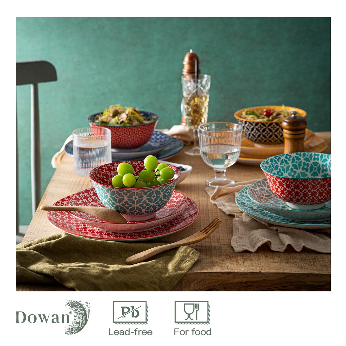 Ensemble d'assiettes et de bols en céramique DOWAN, service de table 12 pièces pour décoration de Noël, service de vaisselle coloré pour 4 personnes