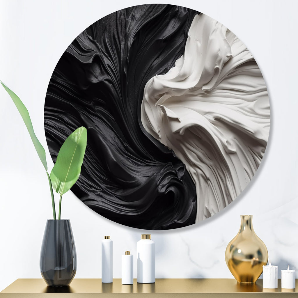 Designart Black White Marbled Dreamscape V Modern Geometric Metal Round Wall Art