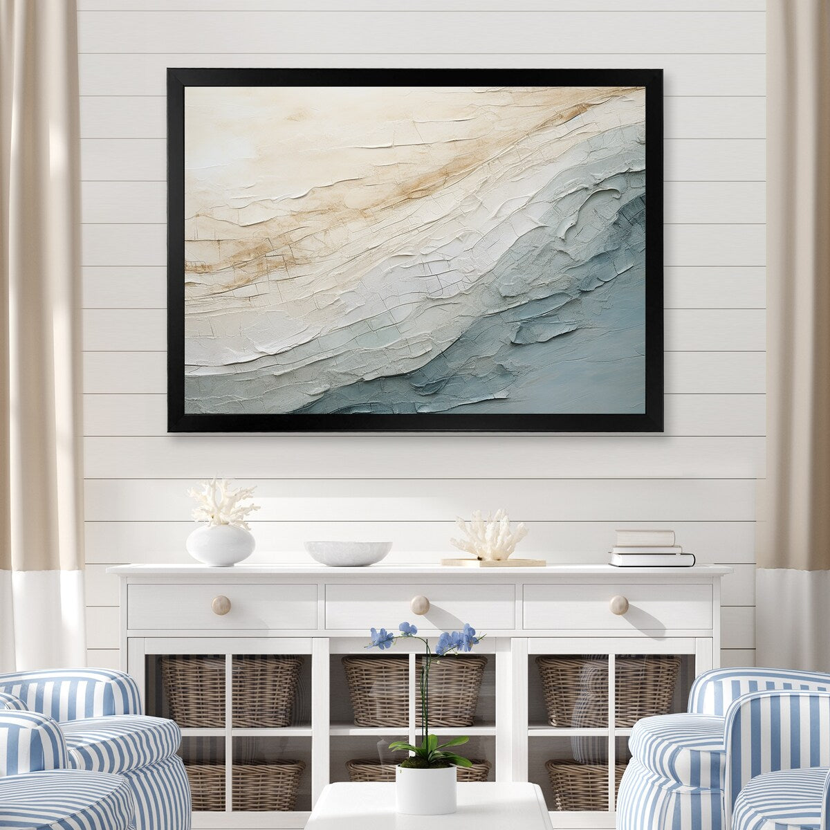 Designart Minimalism Beige And Grey Wave Horizon I Coastal Minimalism Framed Wall Decor