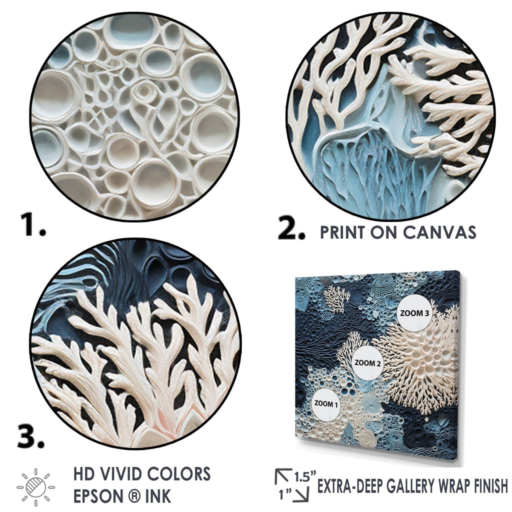 Designart Under Water Blue And White Corals Collage Coastal Framed Canvas Wall Art