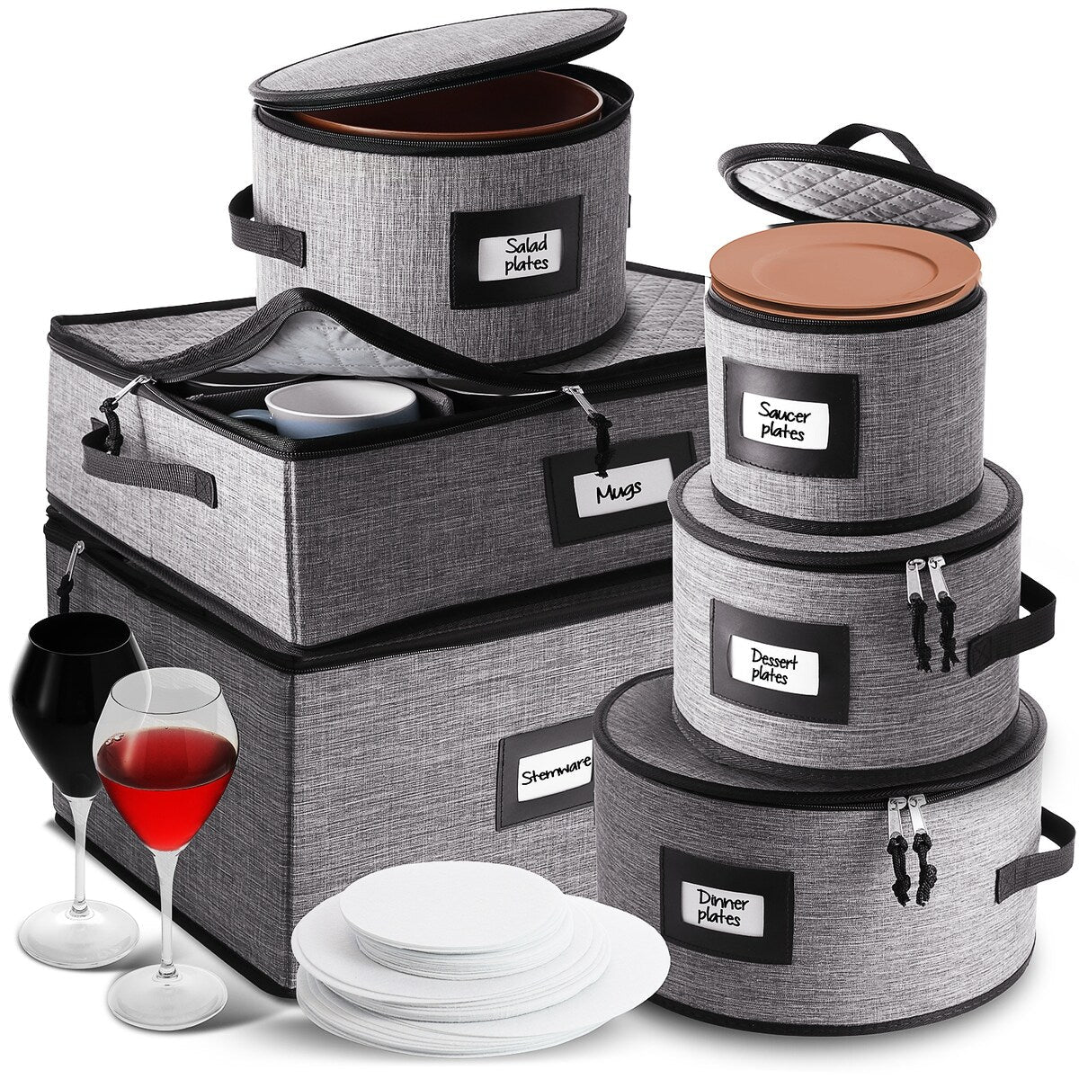 StorageBud Dinnerware Storage Containers - Stackable Holders for Plates, Cups, Flatware, Stemware, & Platter Sets