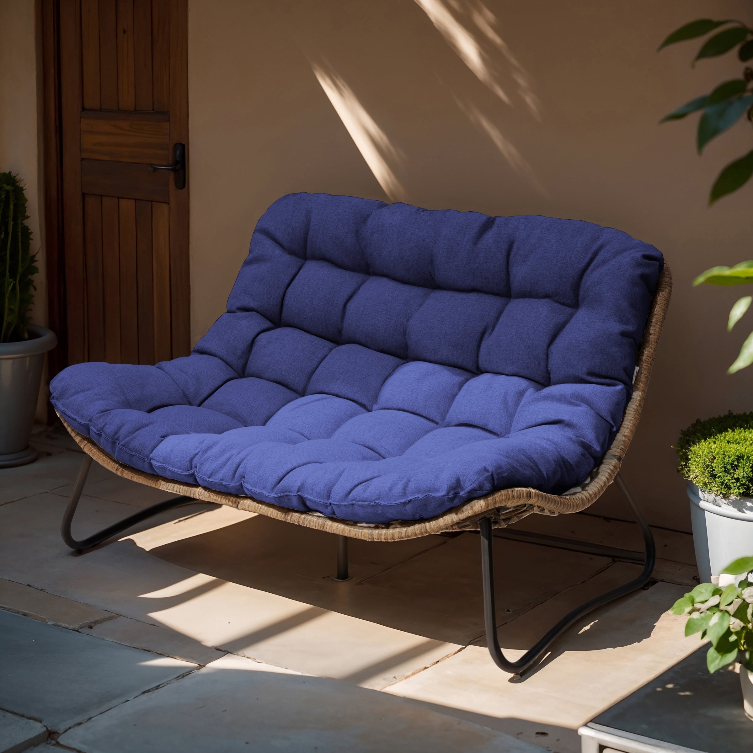 Fauteuil Papasan double avec coussin, rotin PE toutes saisons et cadre en métal pour intérieur et extérieur