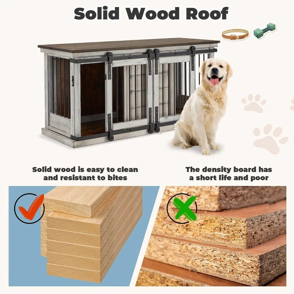 Cage pour chien en bois massif EROMMY, niche d'intérieur avec porte coulissante et meuble TV, niche chic en bois, cage élégante pour chien