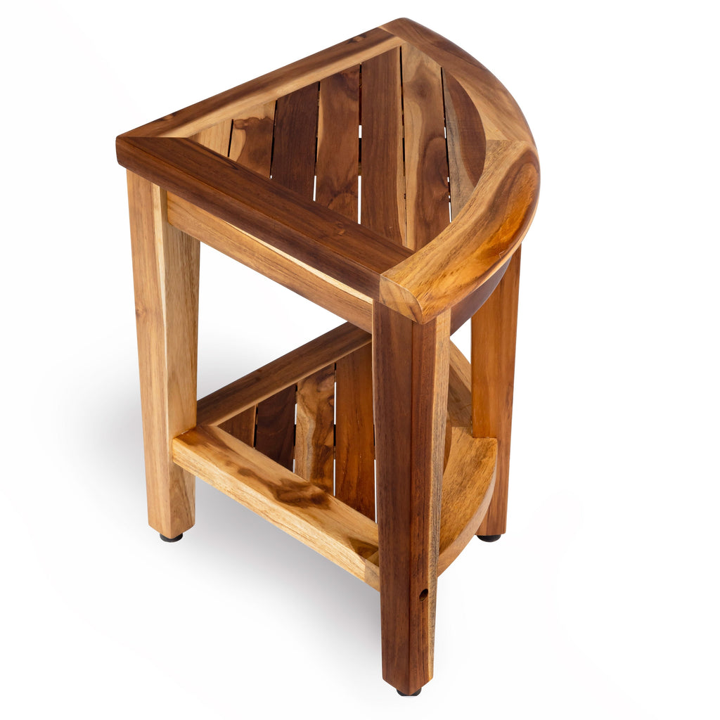 EcoDecors, Banc de douche élégant en teck, Tabouret de douche en teck, Tabouret d'angle, Banc de douche d'angle en teck, Avec étagère