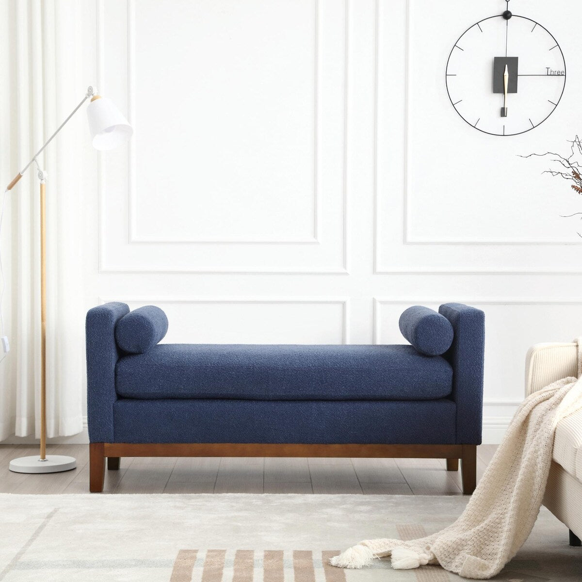 Elegant 53.5 Upholstered Ottoman Bench with Wood Legs & Bolster Pillows