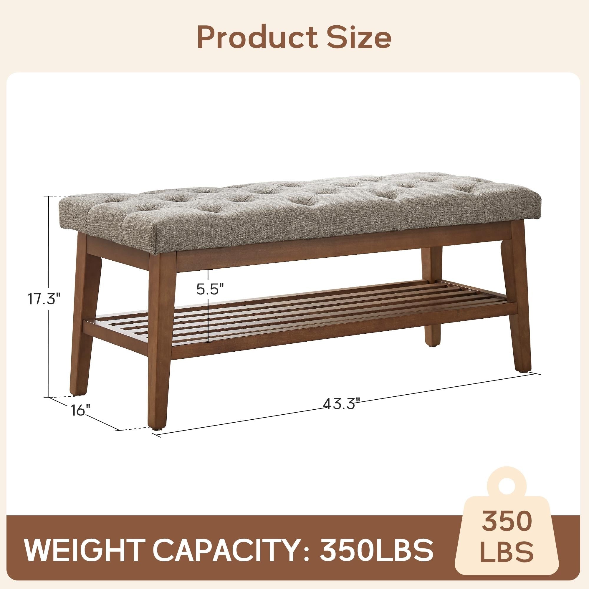 Banc à chaussures d'entrée, banc de rangement en tissu et bois massif, banc rembourré de 43 pouces pour salon et chambres