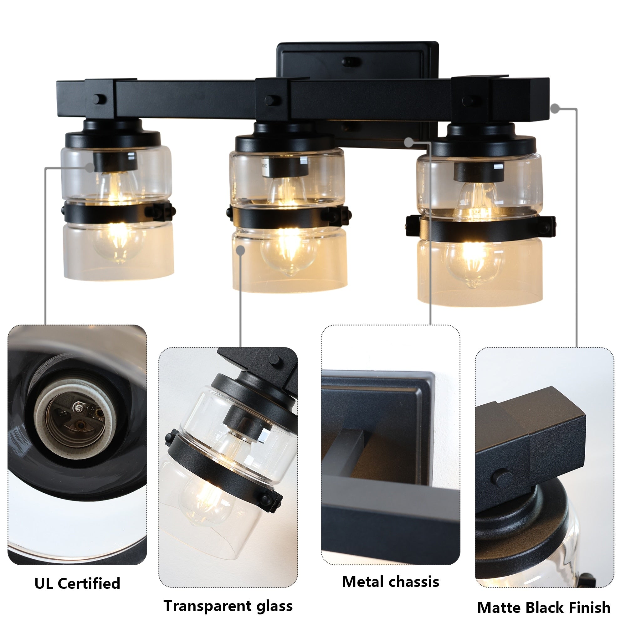 ExBrite Farmhouse 3-lights Bathroom Dimmable Iron Black Vanity Lights Wall Sconces