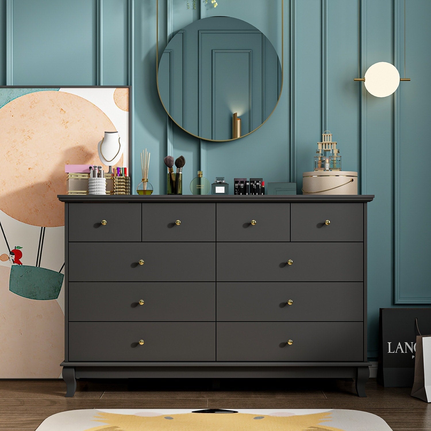 Commode double à 10 tiroirs pour chambre à coucher, commode blanche, grand espace de rangement