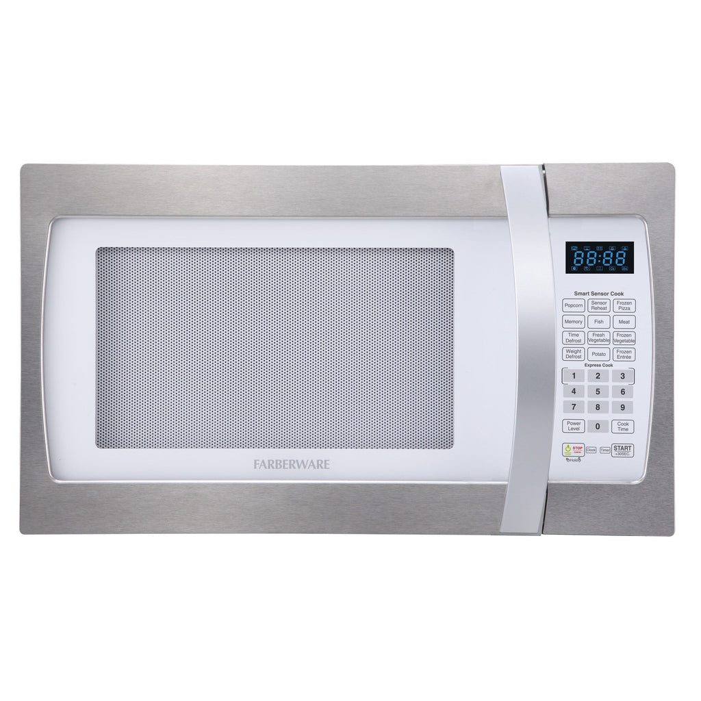 Four à micro-ondes Farberware Professional de 1,3 pi³ et 1 100 W avec cuisson par capteur intelligent, blanc et platine