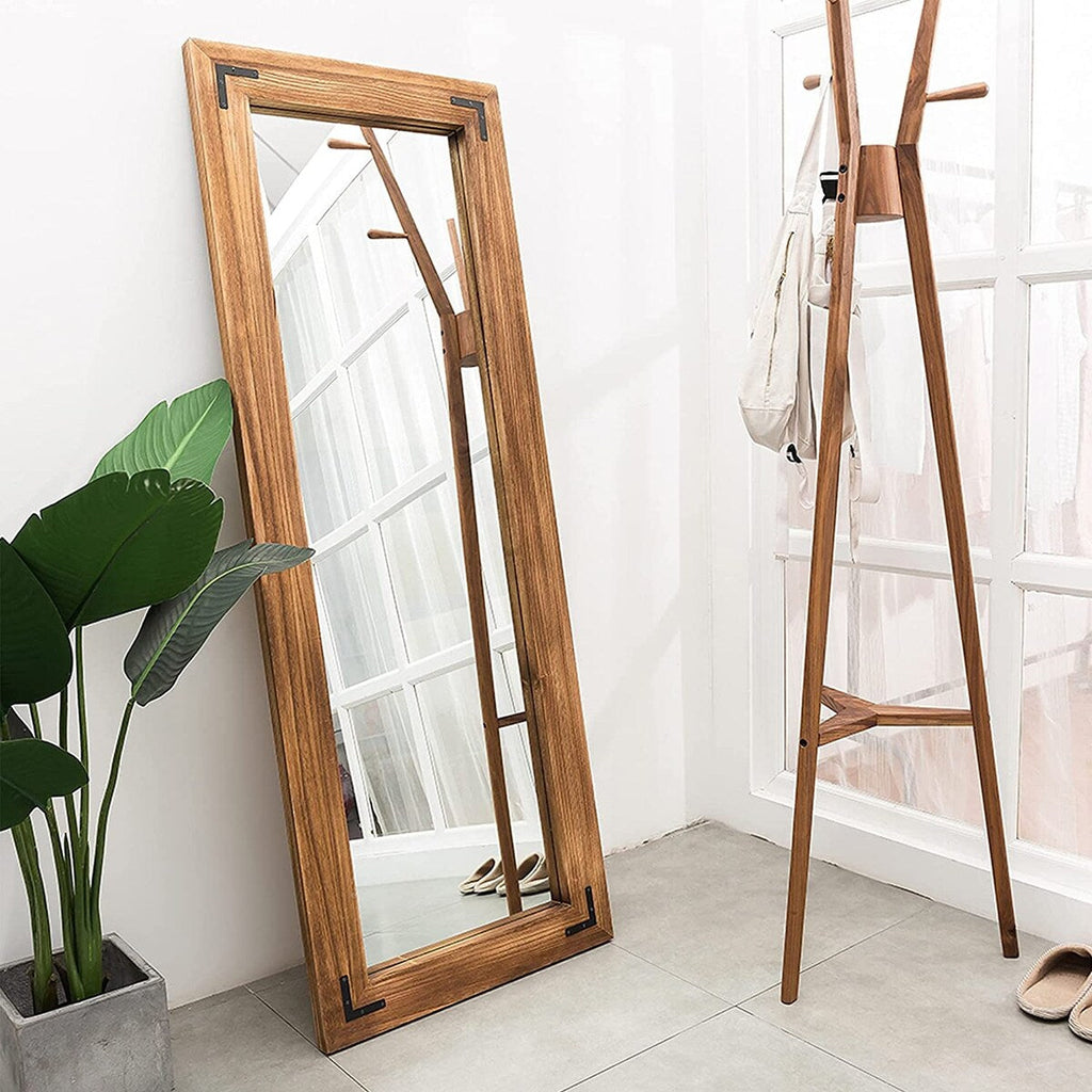 Miroir de sol rustique de style ferme avec cadre en bois - 65 x 24