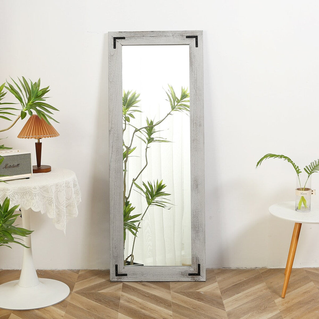 Miroir de sol rustique de style ferme avec cadre en bois - 65 x 24