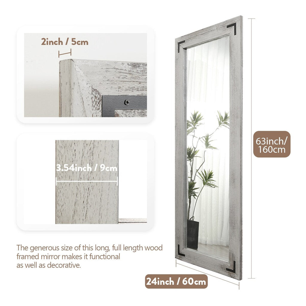 Miroir de sol rustique de style ferme avec cadre en bois - 65 x 24