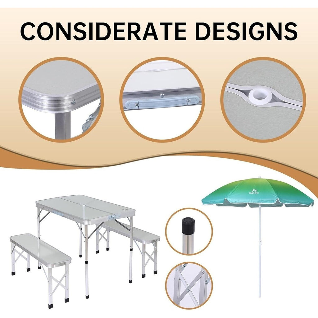 Folding Picnic Table and Umbrella Camping Table for Backyard Outdoor Patio Lawn Party - White With Umbrella