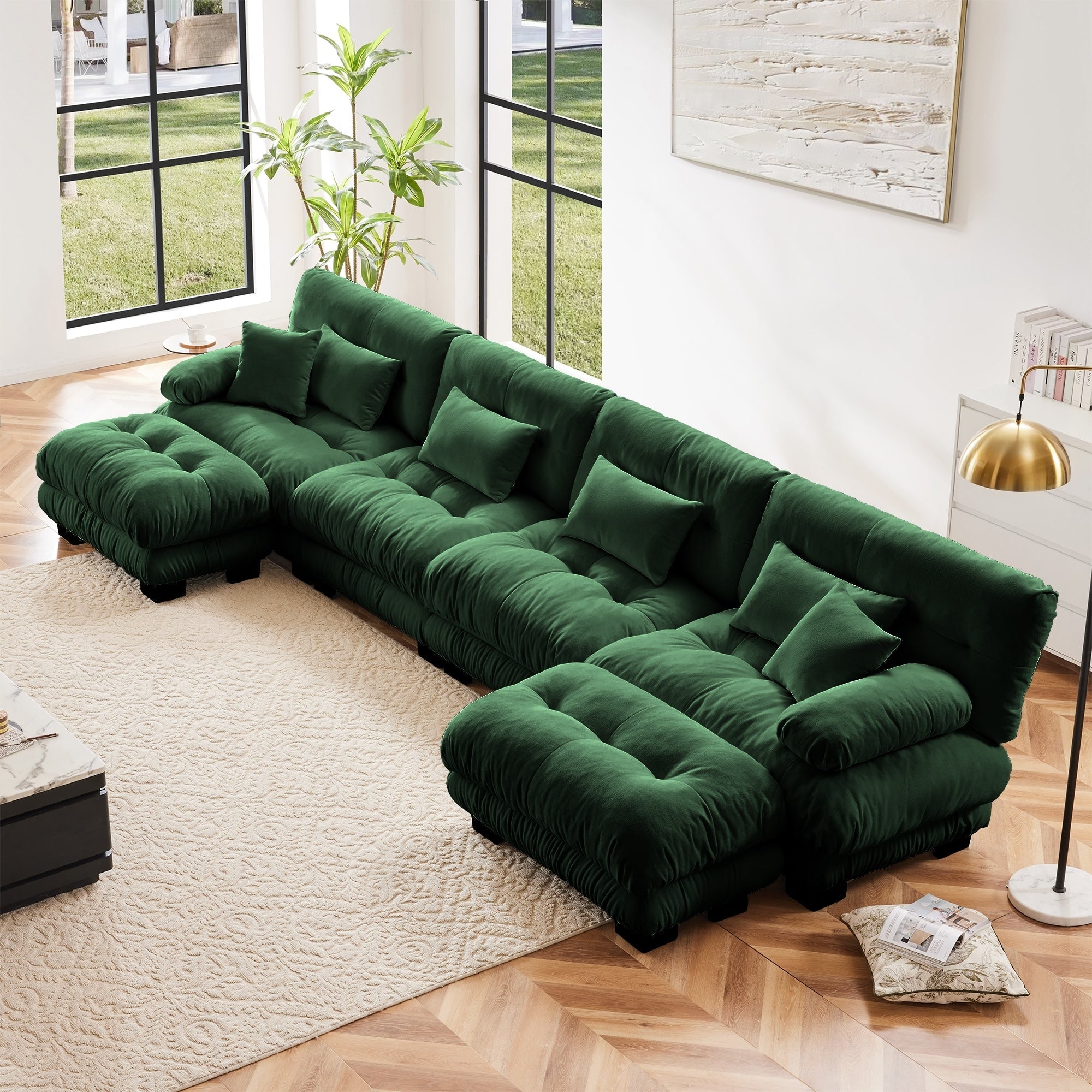 Free Combination Modular Chenille 4-Seater Sectional Sofa with 2 Ottomans and Pillow for Living Room