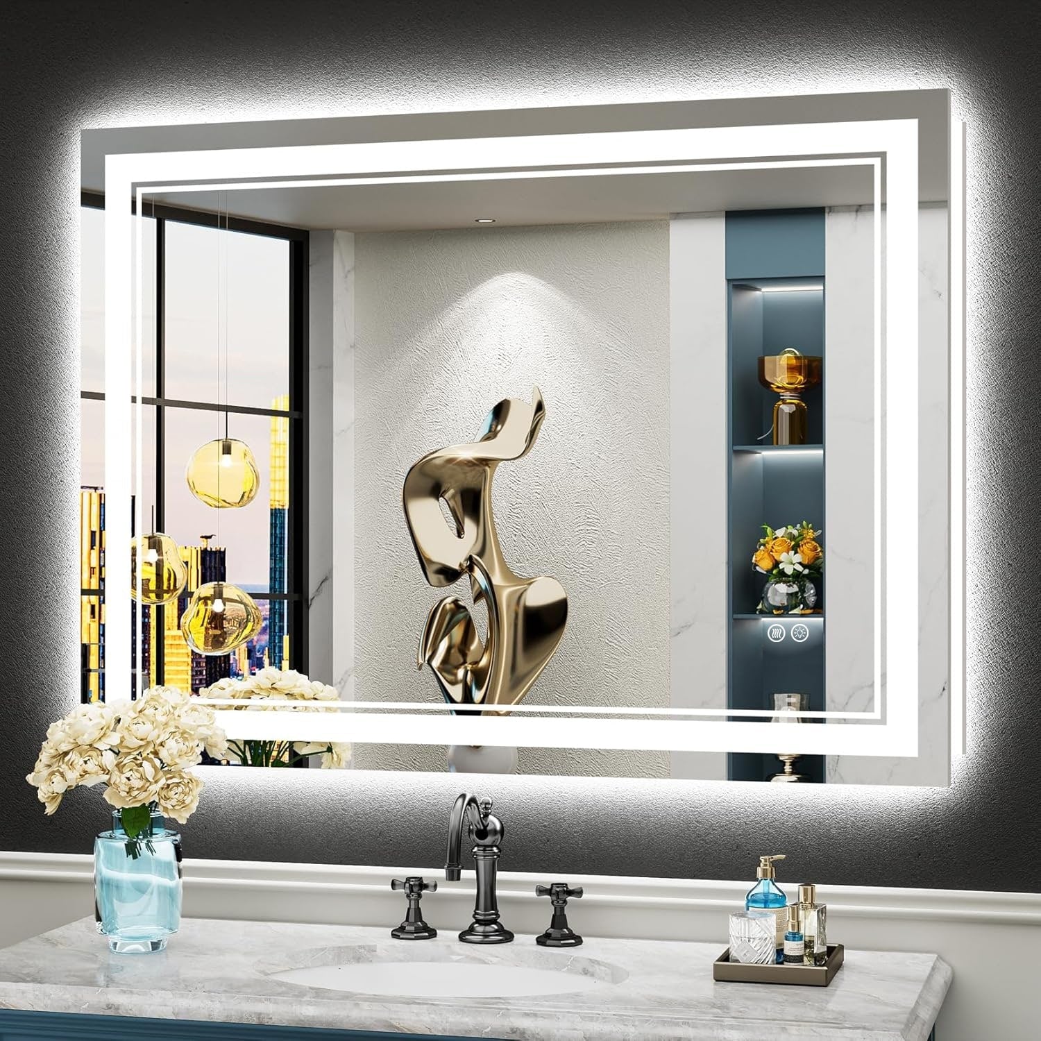 Full Size Front & Back LED Lighted Anti-fog Tempered Glass Wall Bathroom Vanity Mirror