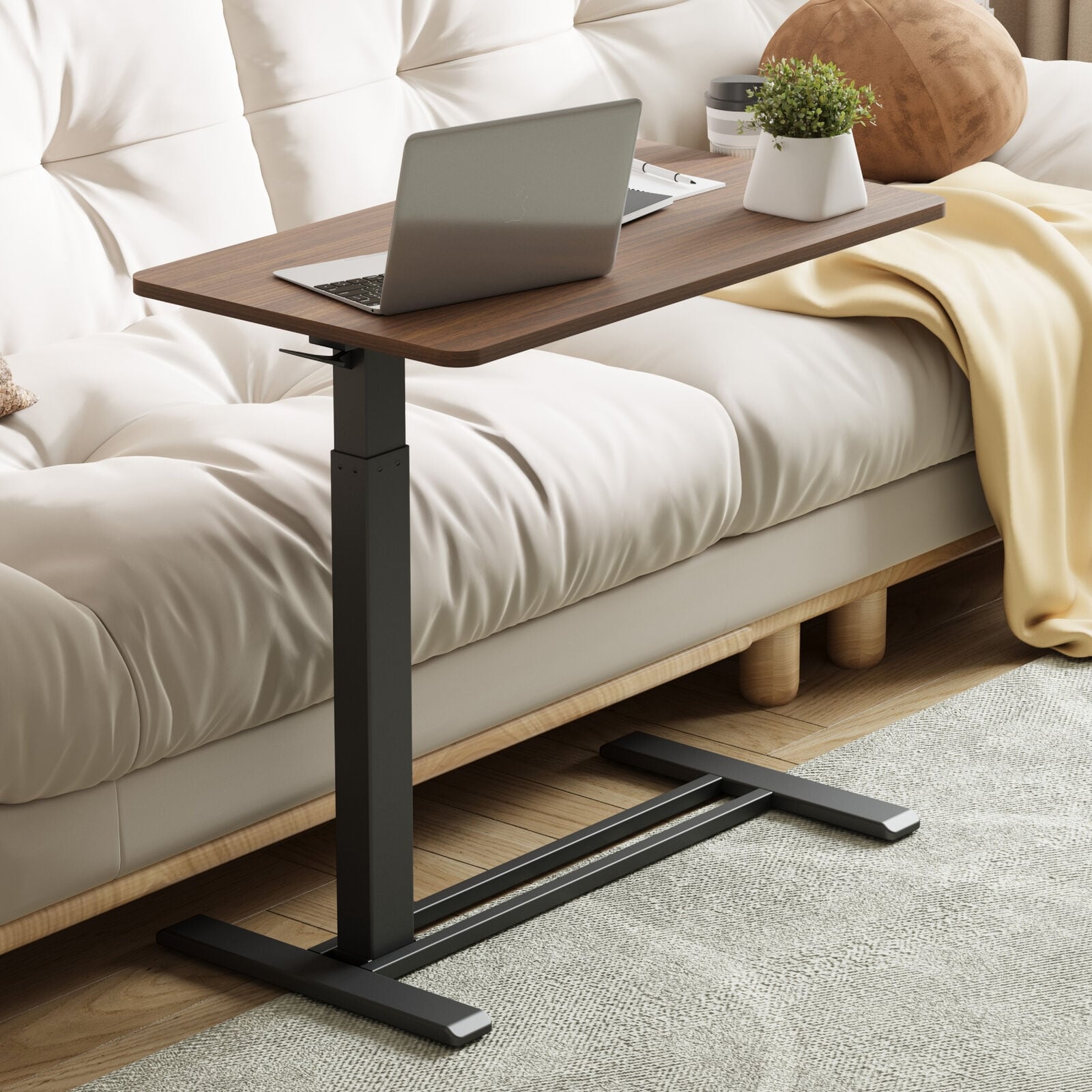 FunniHomi 28/32 Movable Overbed Table Height Adjustable Computer Desk with Wheels, White/Black Laptop Table for Bed and Sofa