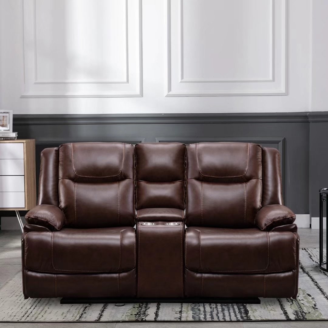 Genuine Leather Mid-century Modern Style Manual Recliners Sofa Set