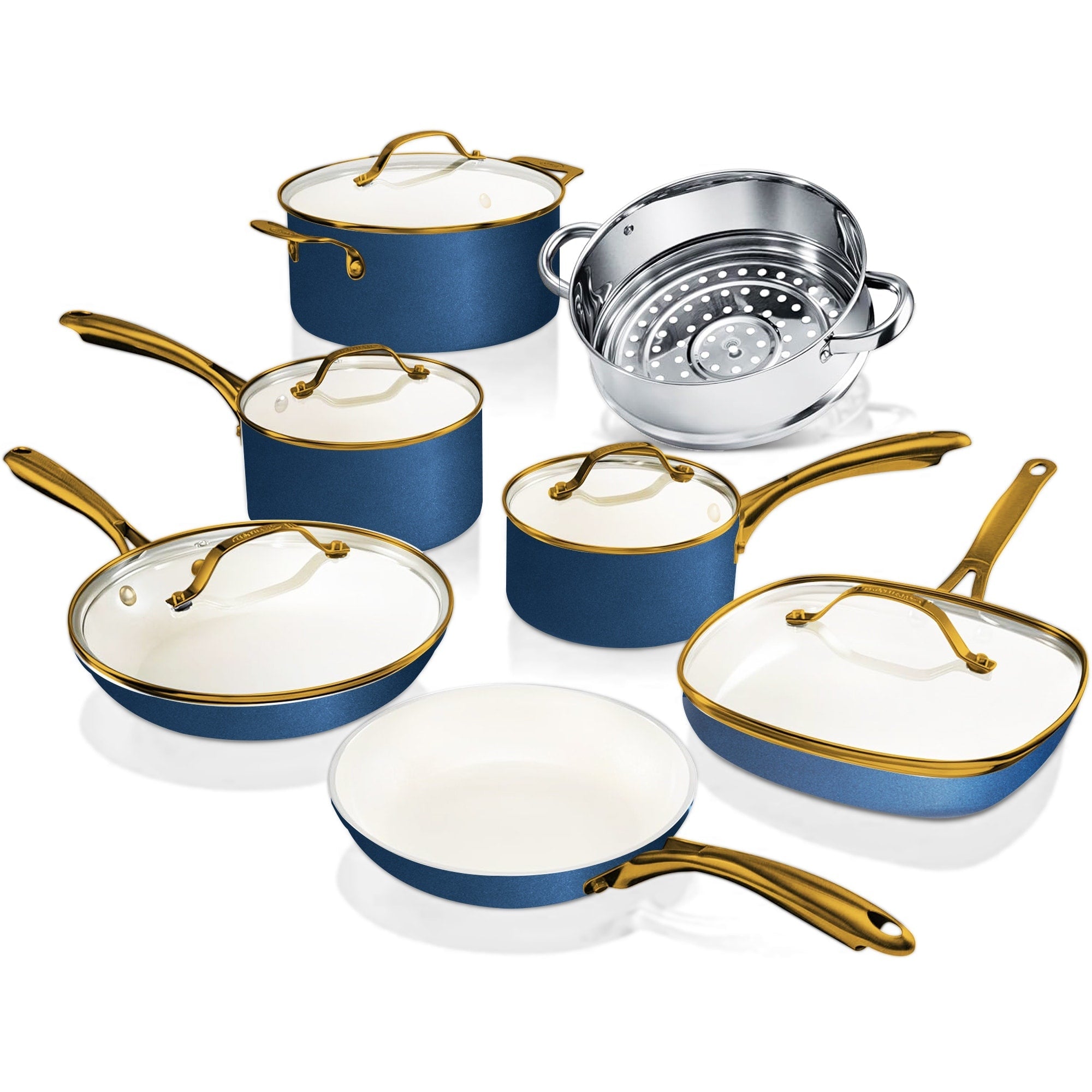 Batterie de cuisine antiadhésive Gotham Steel crème/bleu marine 12 pièces
