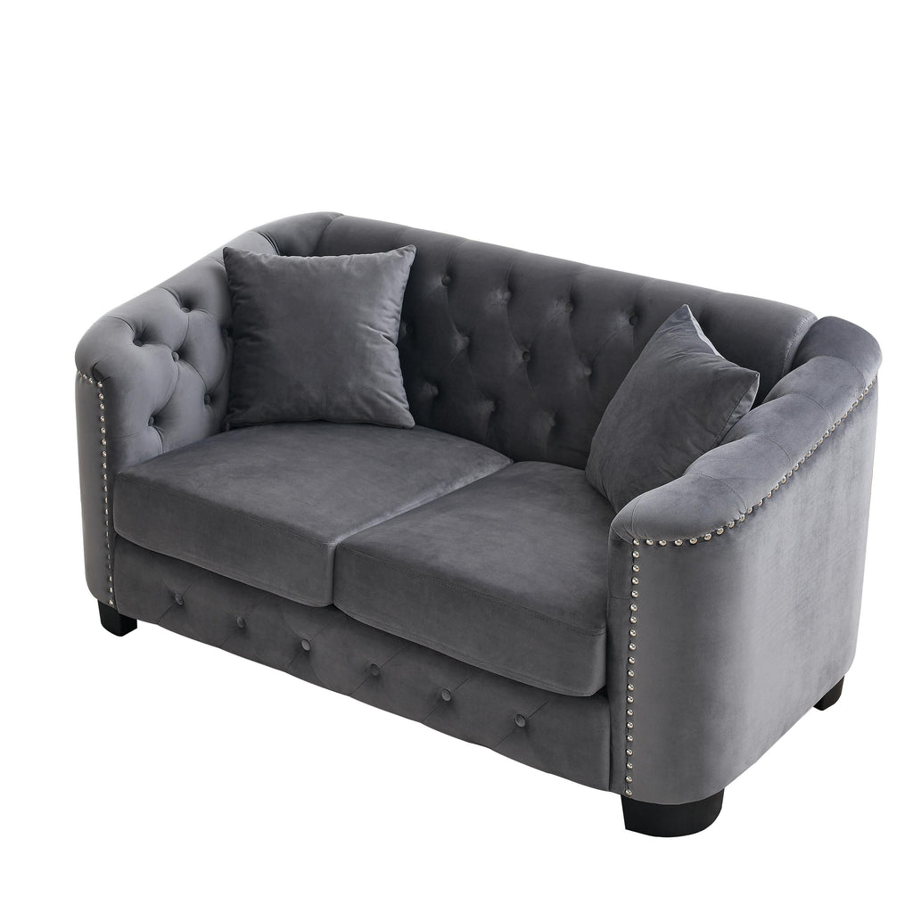Grey 59'' Modern Velvet 2-Seater Sofa with Tufted Backrest and Nailhead Arms