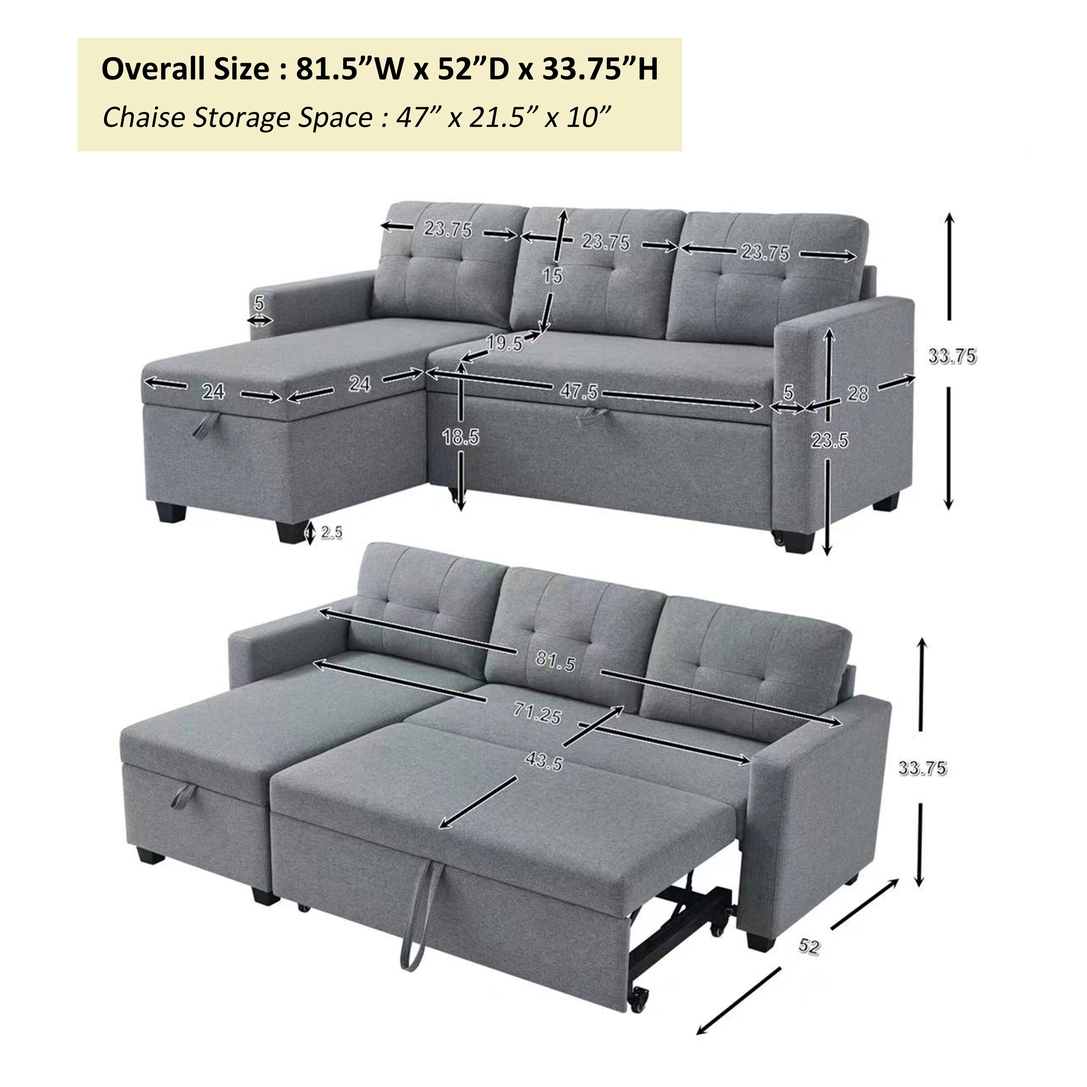 Grey 81.5'' Linen Convertible Sleeper Sofa with Reversible Storage Chaise