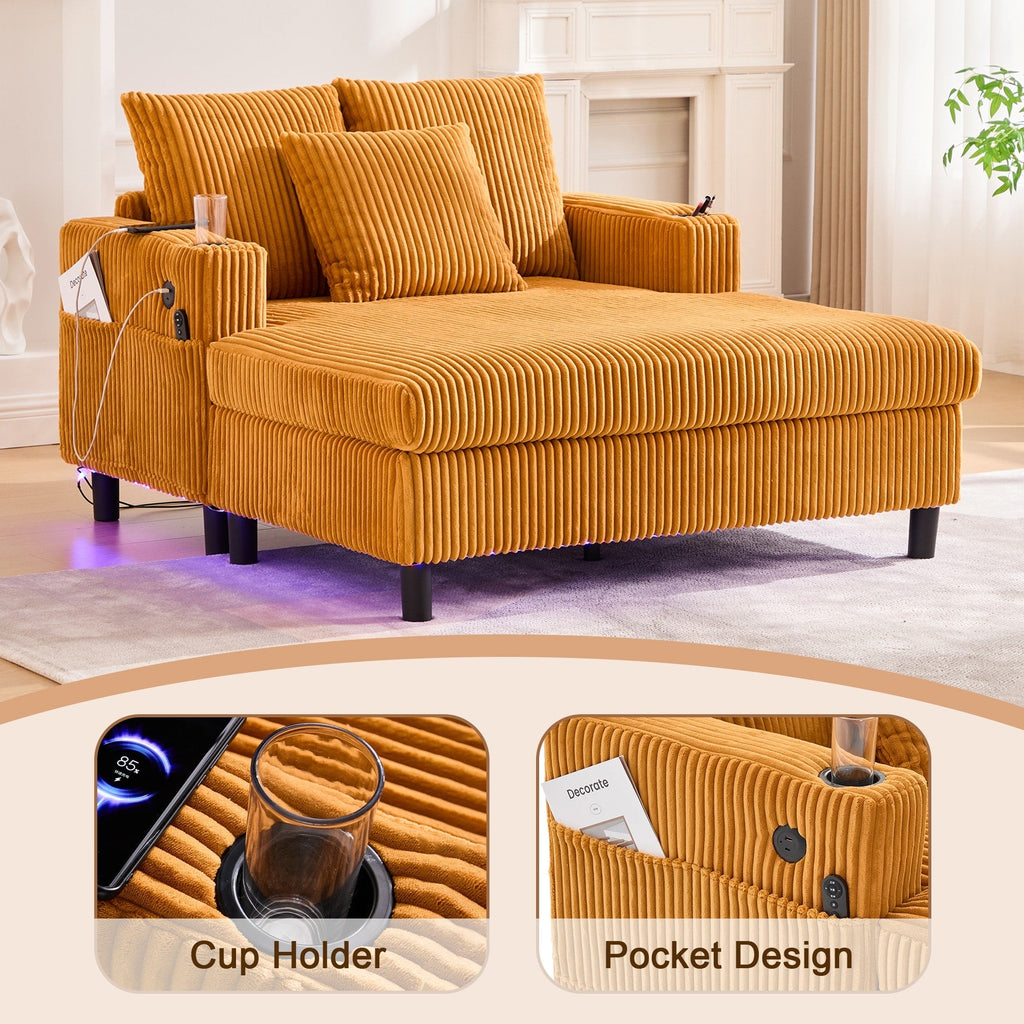 HOMEFUN Corduroy Upholstered Oversized RGB LED Light Recliner Sofa Bed with Cup Holder,USB&3 Pillows