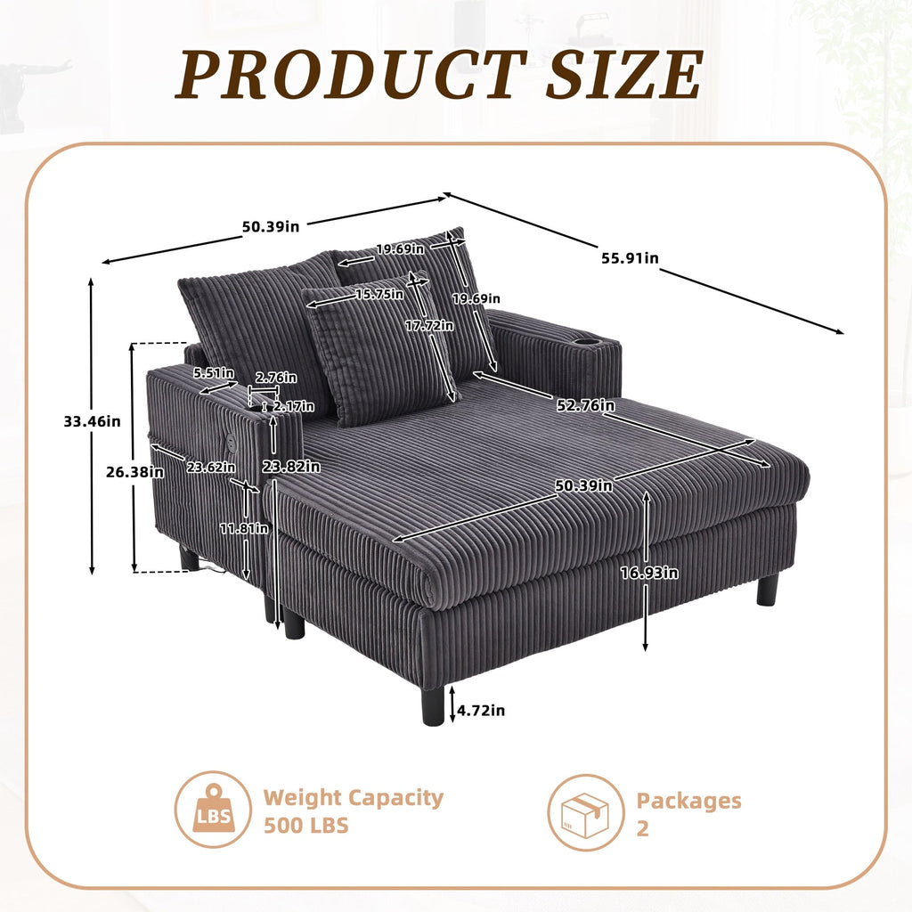 HOMEFUN Corduroy Upholstered Oversized RGB LED Light Recliner Sofa Bed with Cup Holder,USB&3 Pillows