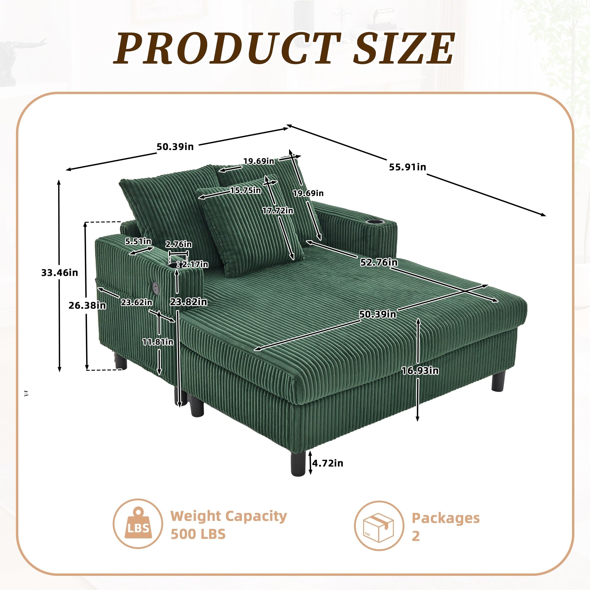 HOMEFUN Corduroy Upholstered Oversized RGB LED Light Recliner Sofa Bed with Cup Holder,USB&3 Pillows