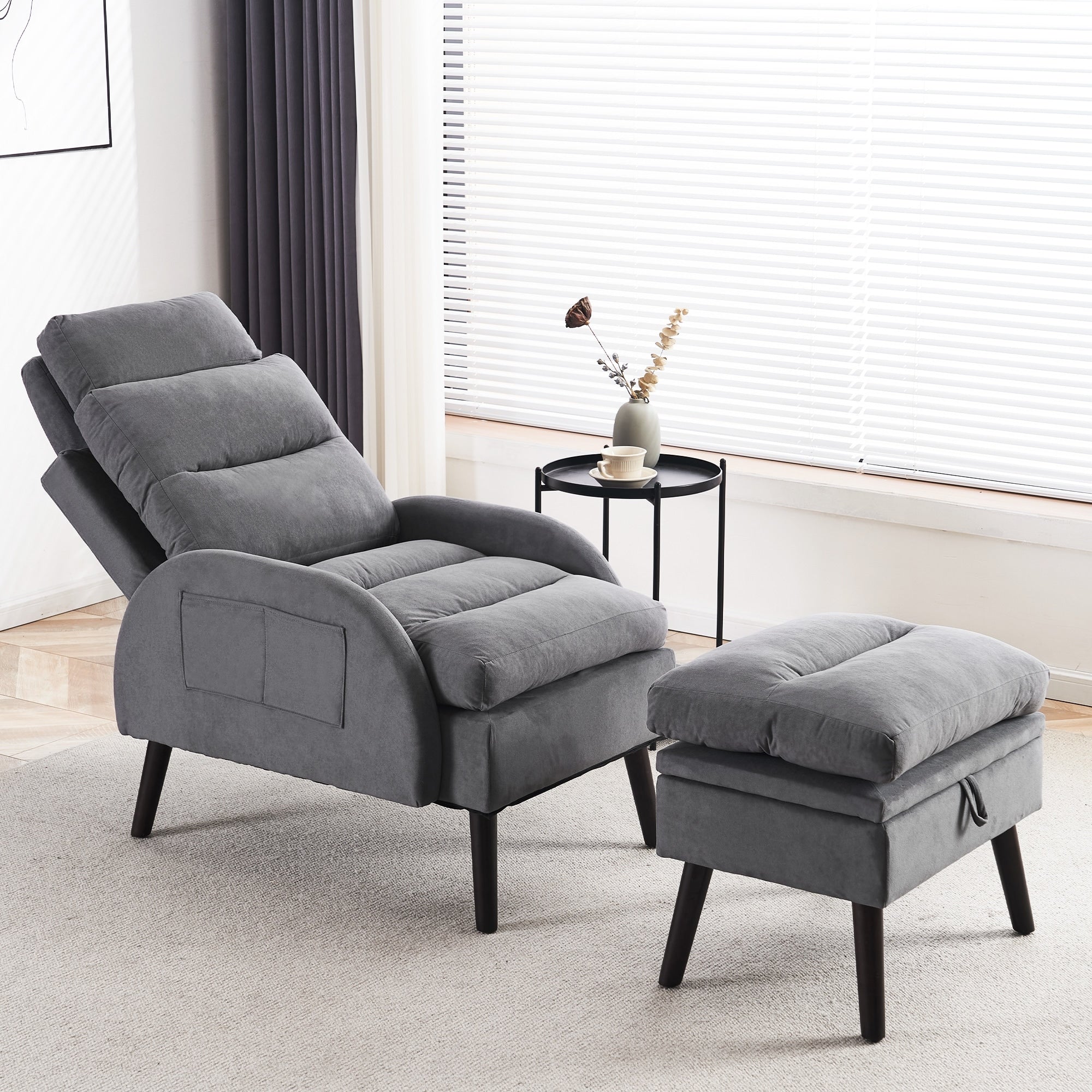 Fauteuil d'appoint HOMYKA avec dossier réglable et pouf de rangement