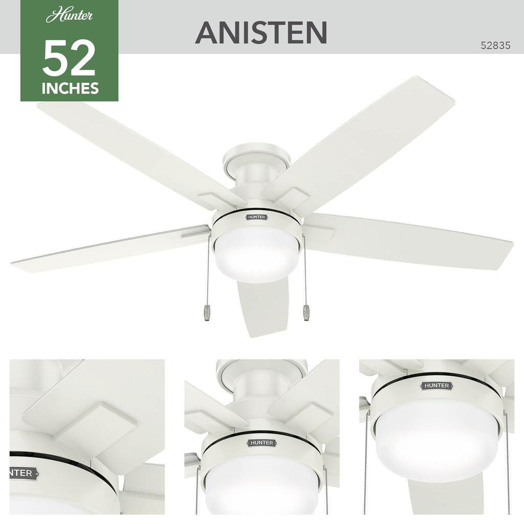 Ventilateur de plafond à profil bas Hunter 52 Anisten avec éclairage LED et chaînette - Moderne, contemporain, transitionnel
