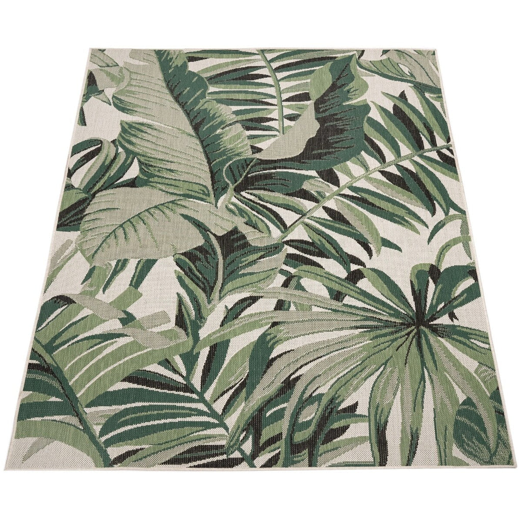 Tapis d'intérieur et d'extérieur à motif de feuilles de palmier tropicales pour terrasse, coloris vert et beige
