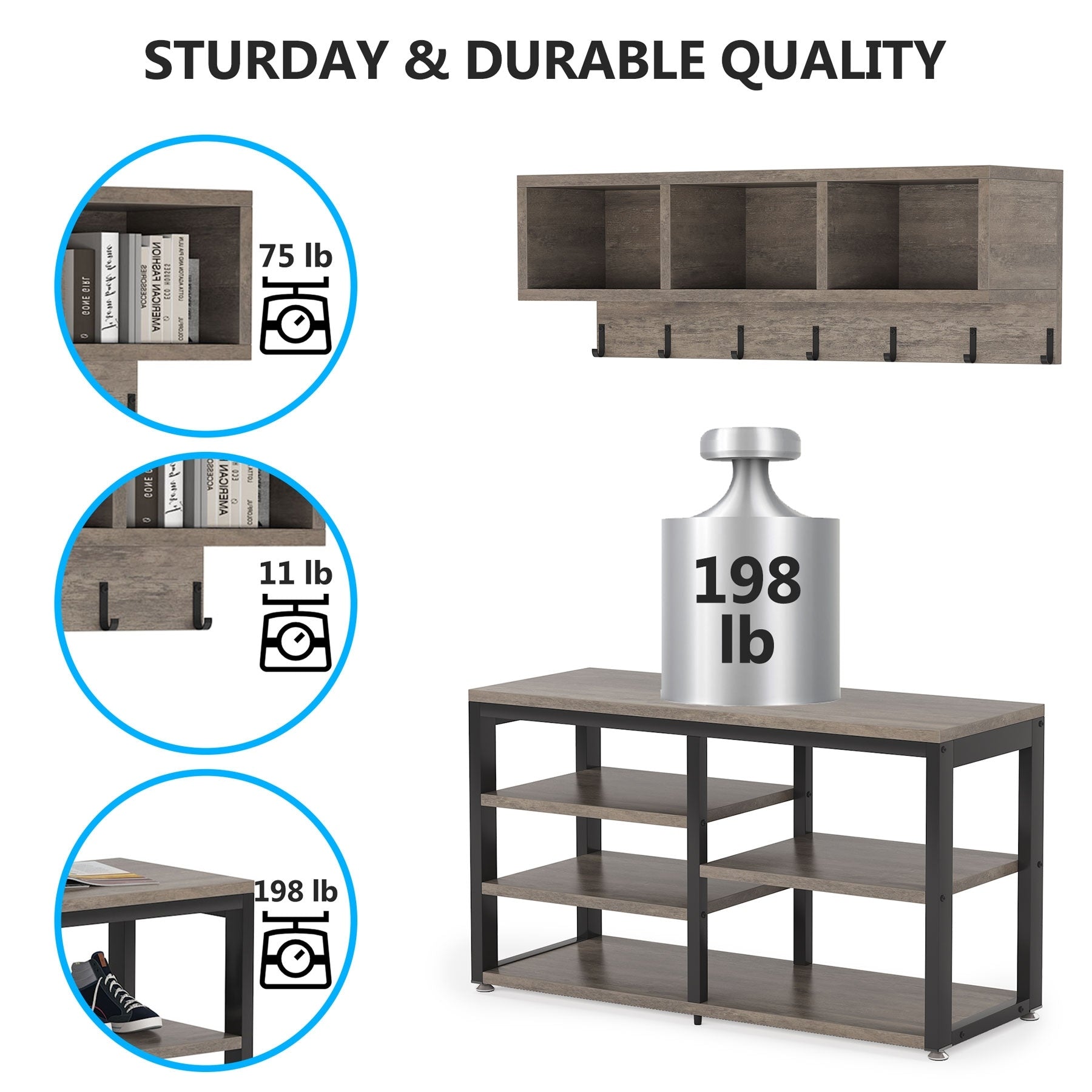 Ensemble de porte-manteaux et de bancs à chaussures pour entrée, porte-manteaux et porte-chaussures de style industriel