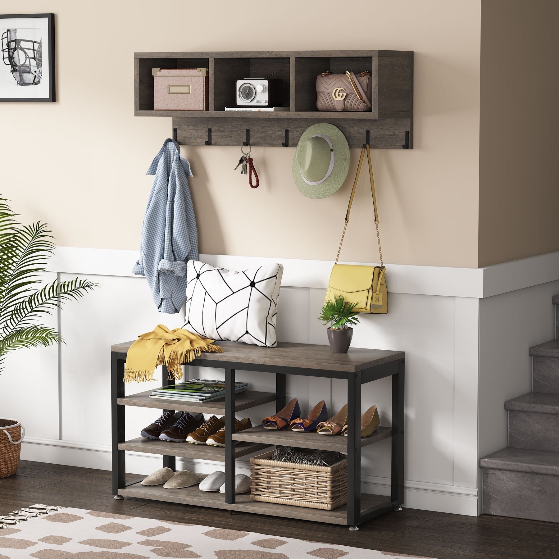 Ensemble de porte-manteaux et de bancs à chaussures pour entrée, porte-manteaux et porte-chaussures de style industriel