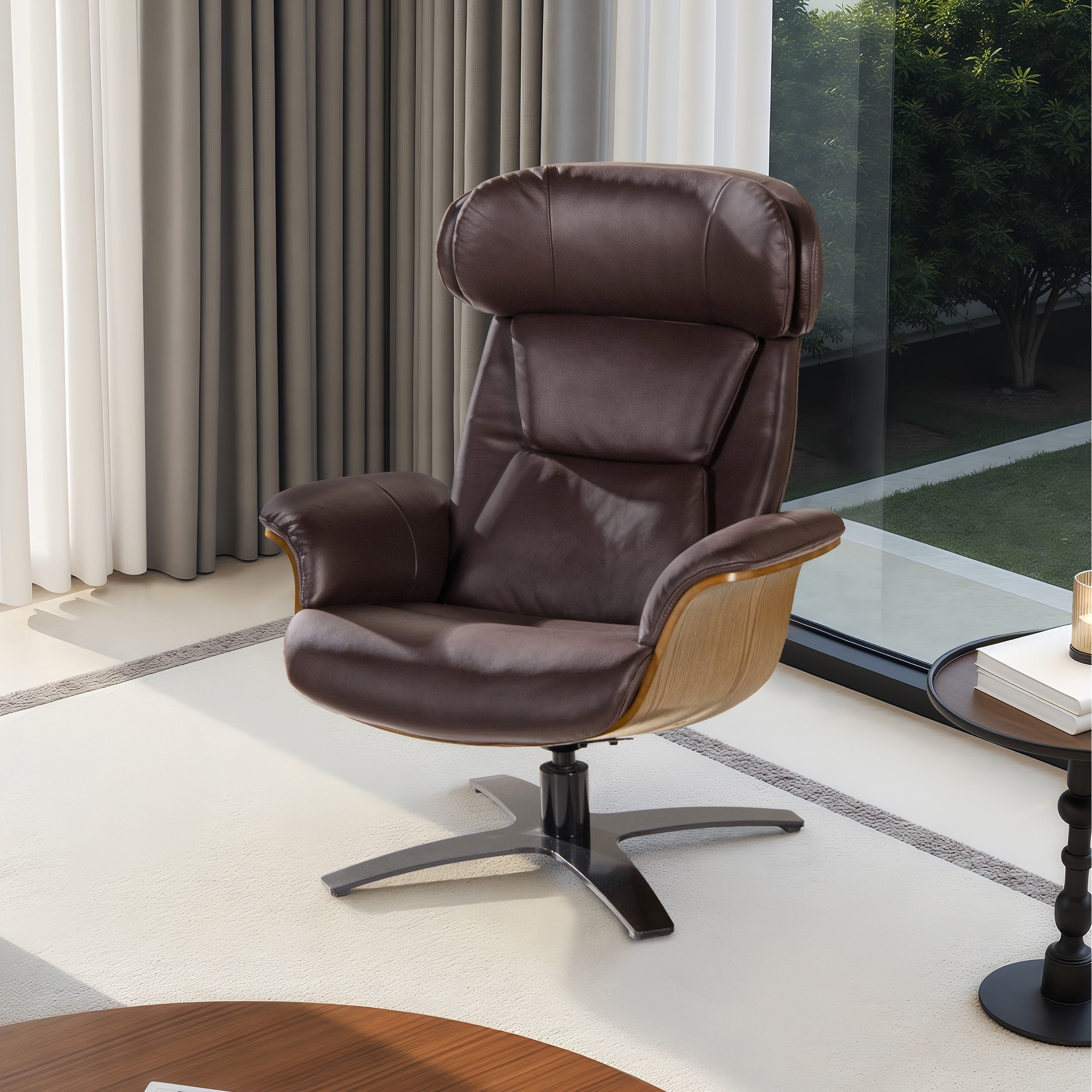 Jovan 31.5 Curved Wood Genuine Leather Recliner Lounge Chair