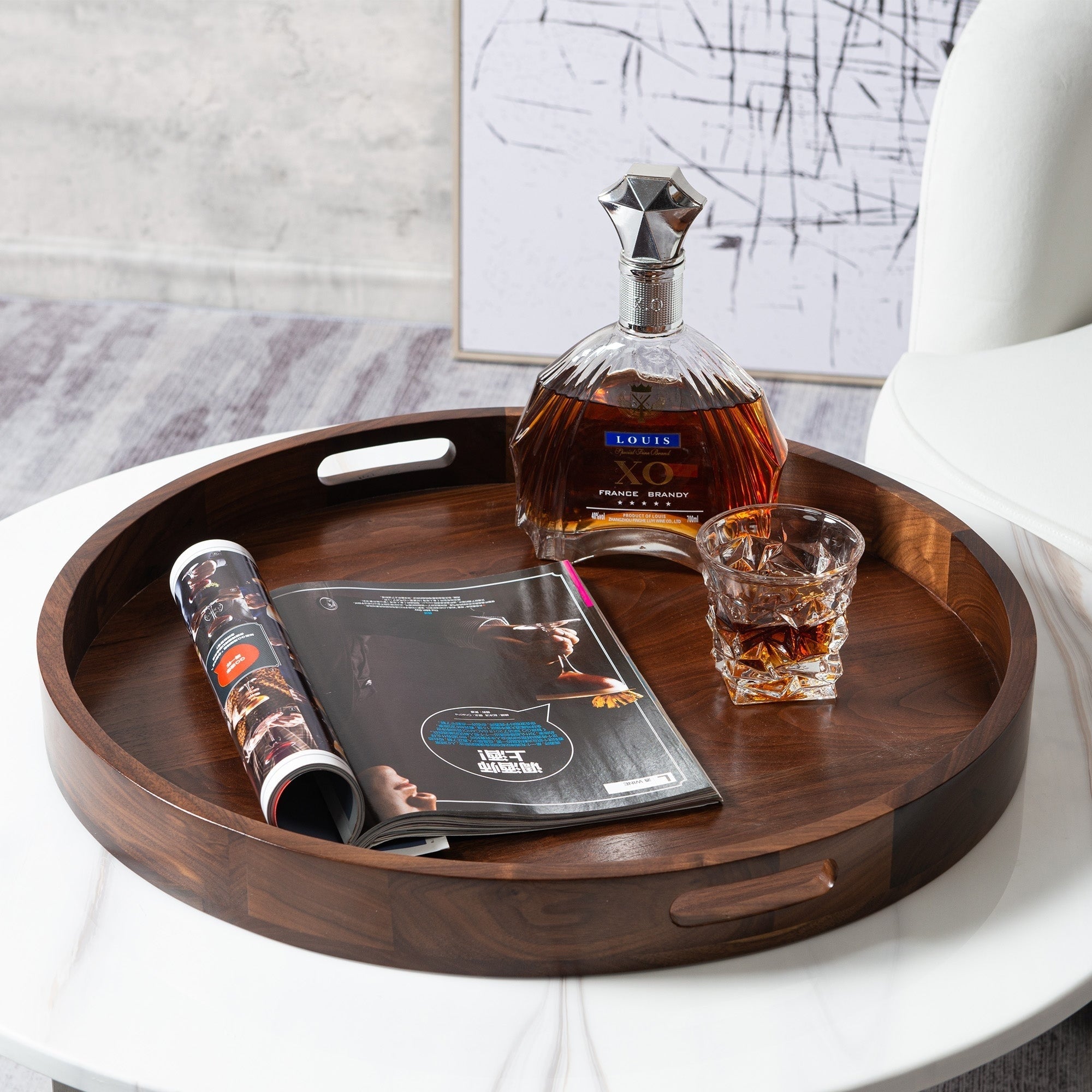 KINWELL Round Black Walnut Wood Serving Tray Ottoman Tray with Handles