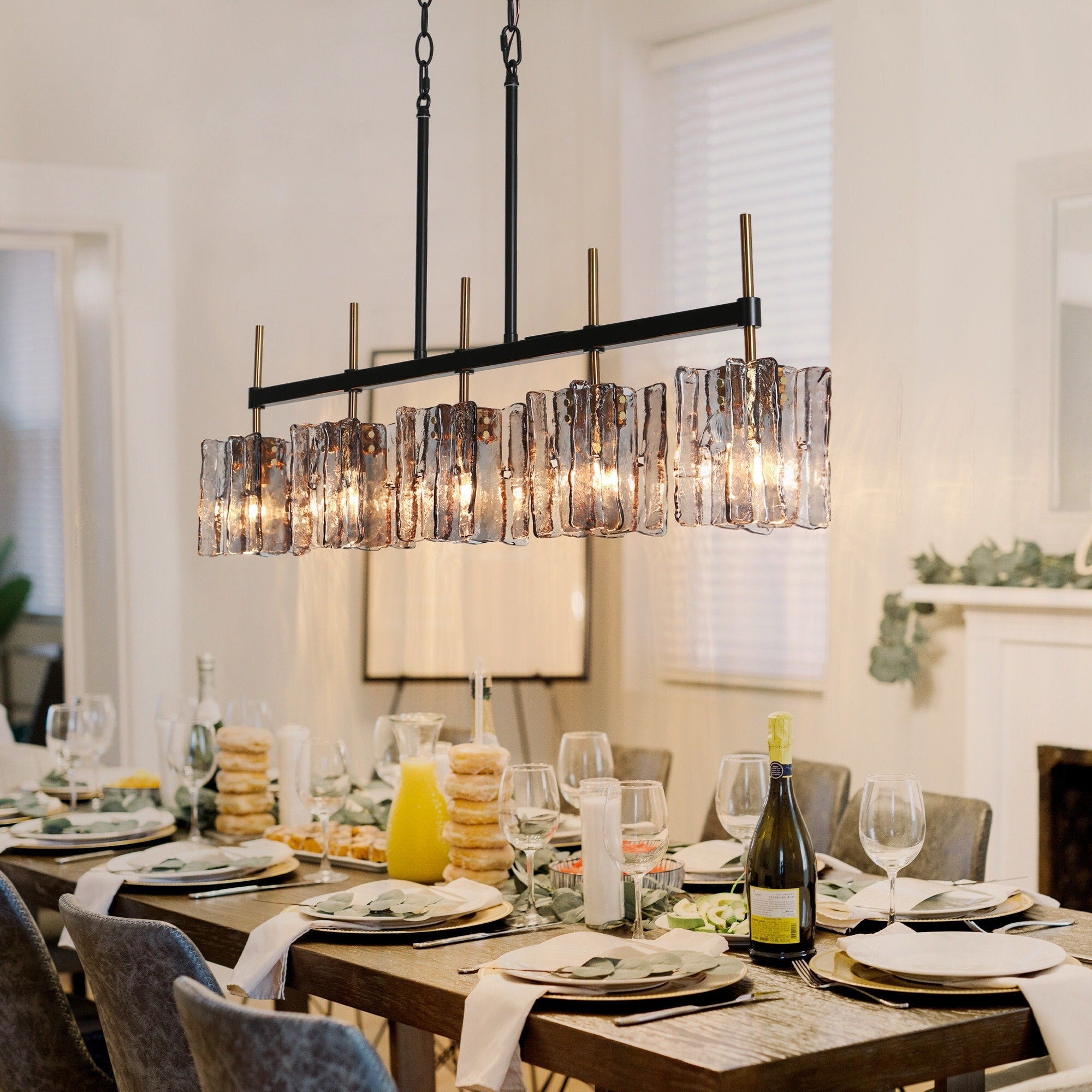 Lustre linéaire moderne Kasy à 5 lumières en verre texturé pour îlot de cuisine, design unique