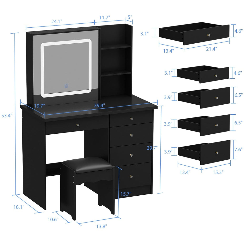 Coiffeuse Kerrogee avec miroir éclairé réglable et tabouret - 39,4 L x 19,7 l x 53,5 H