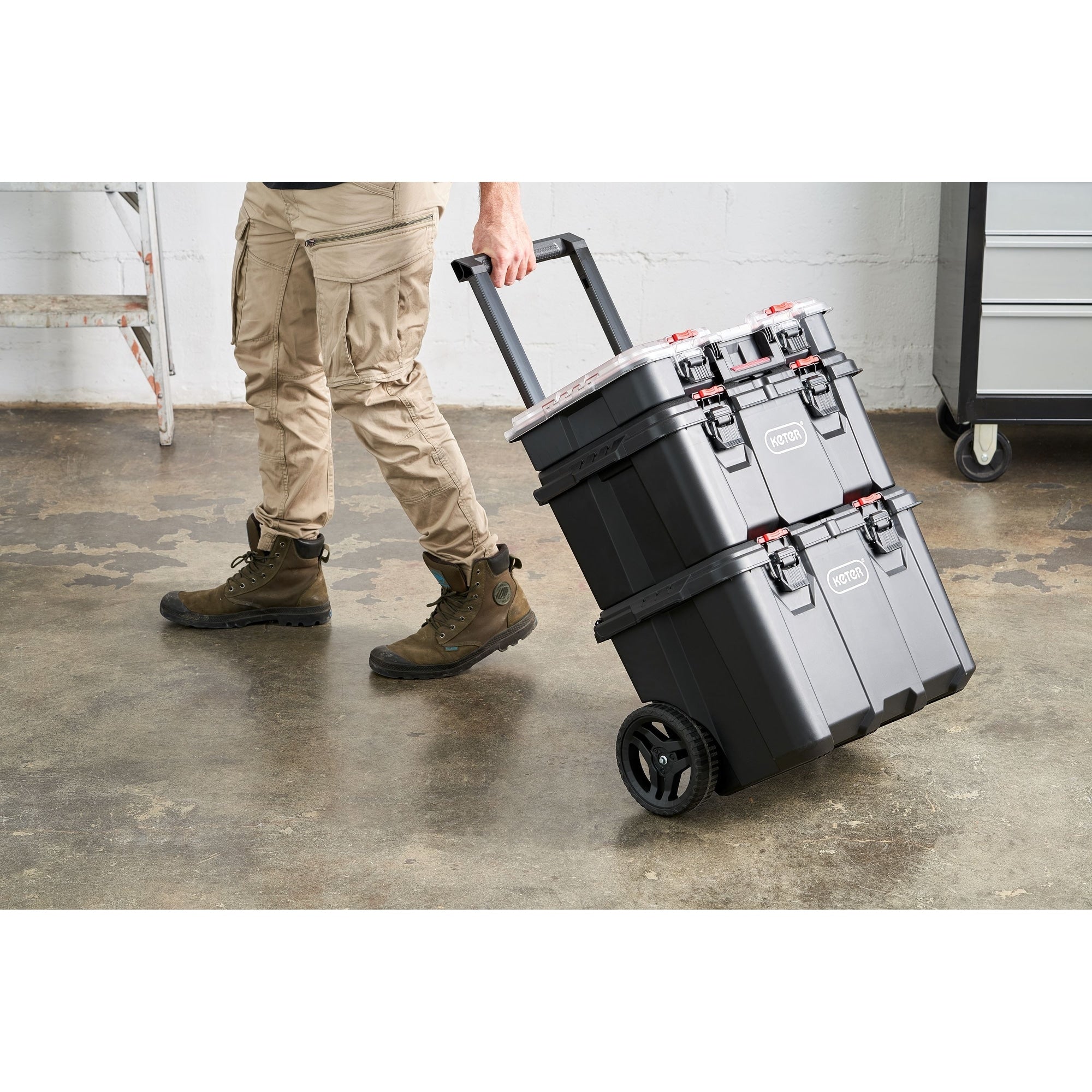 Boîte à outils mobile 3 pièces Keter Stack-n-Roll, rangement et organisation d'outils, système de boîte à outils modulaire en résine durable