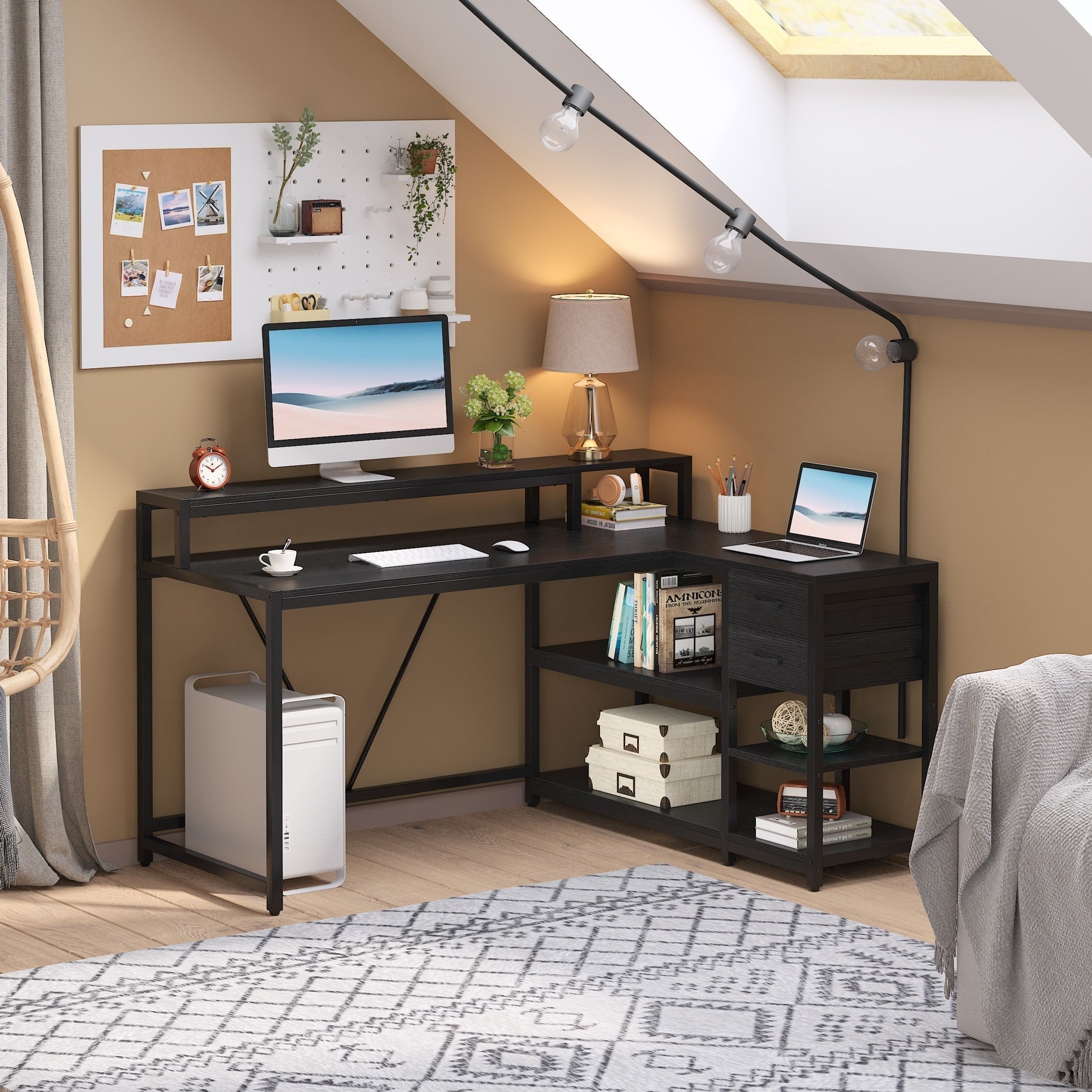Bureau en L avec tiroir, bureau d'angle avec étagères de rangement et support d'écran, bureau PC rustique pour petits espaces