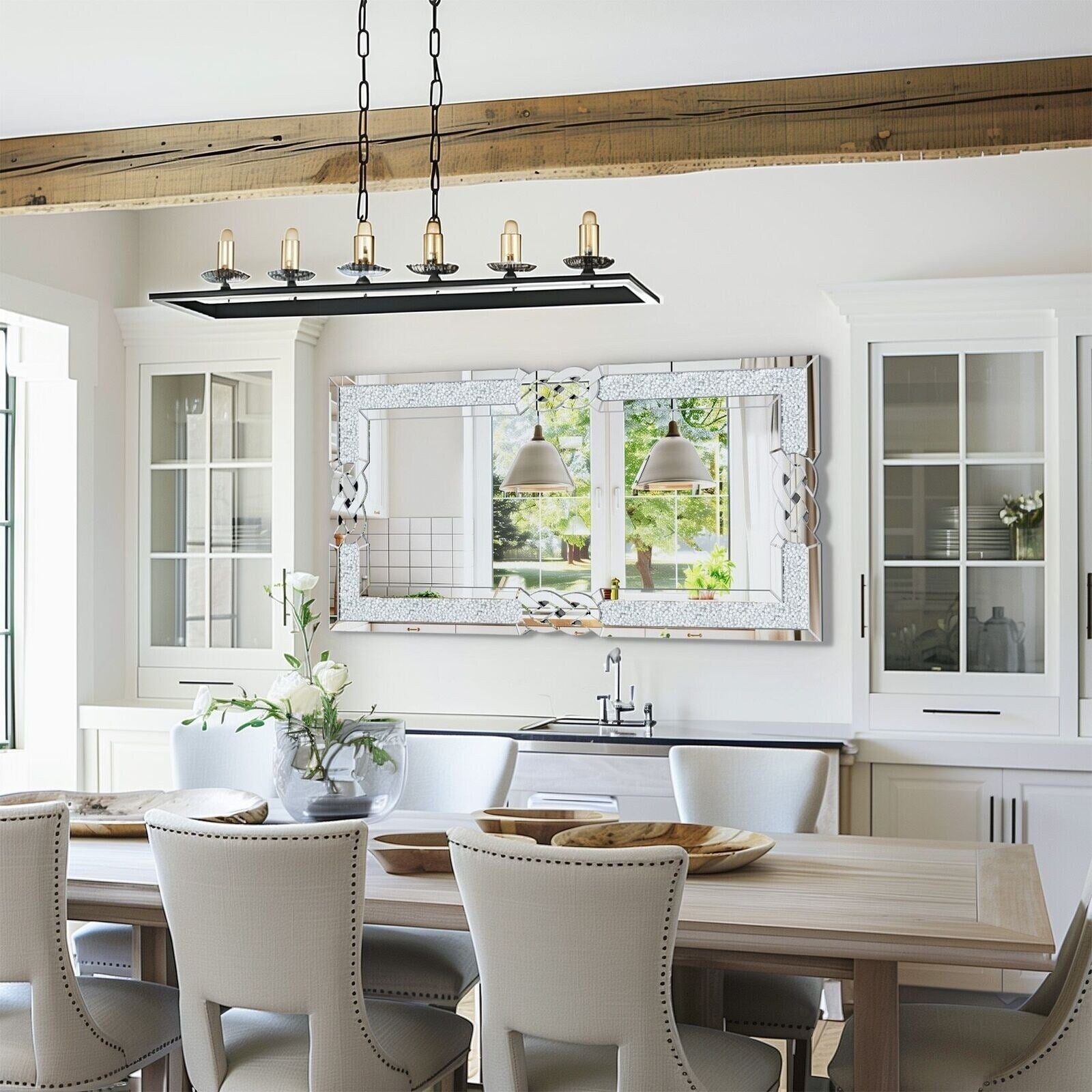 Grand miroir mural emboîtable avec perles de cristal rectangulaires