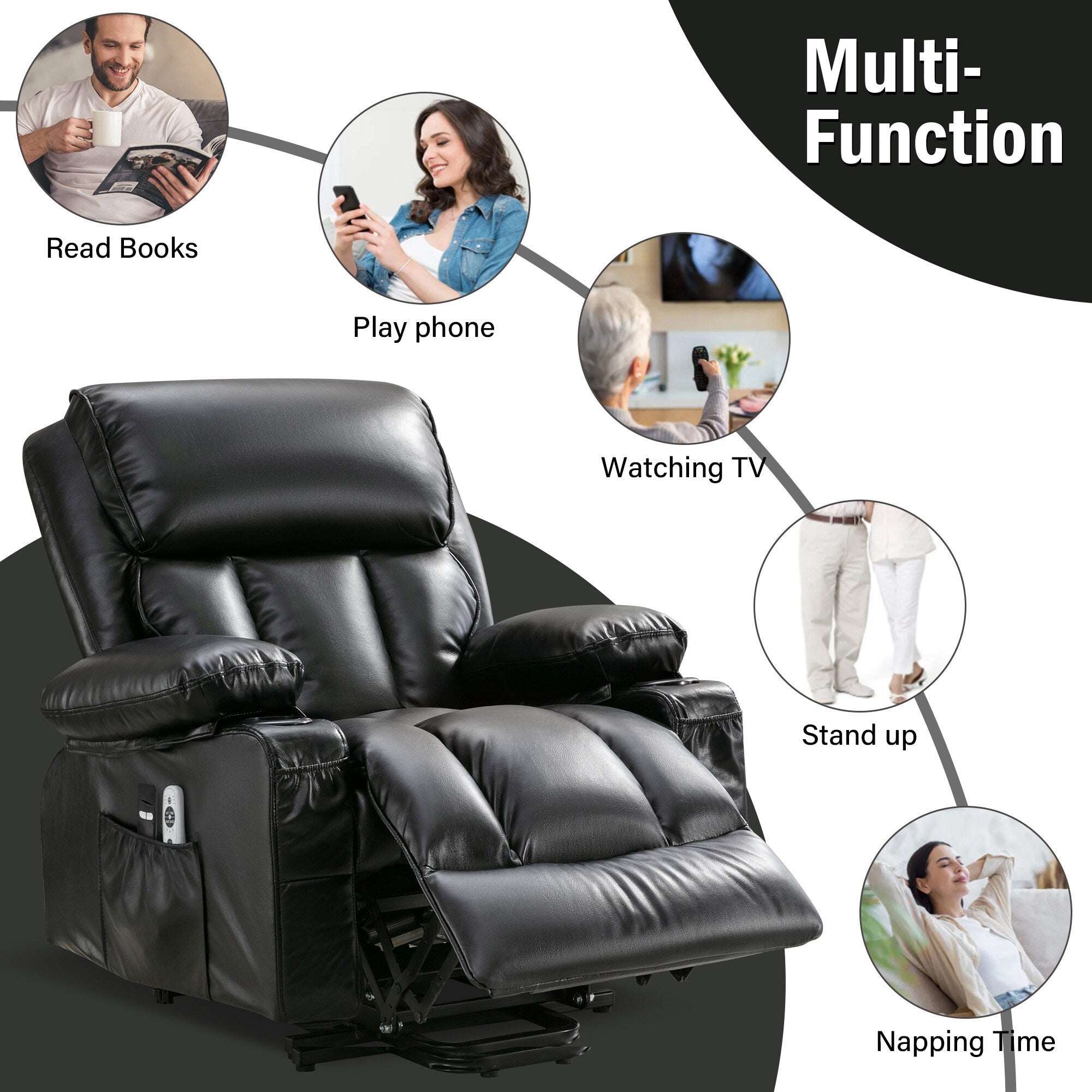 Large Power Lift Recliner Chair with Heat and 8-Point Massage - Remote Control, USB Port