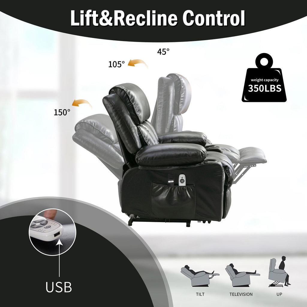 Large Power Lift Recliner Chair with Heat and 8-Point Massage - Remote Control, USB Port