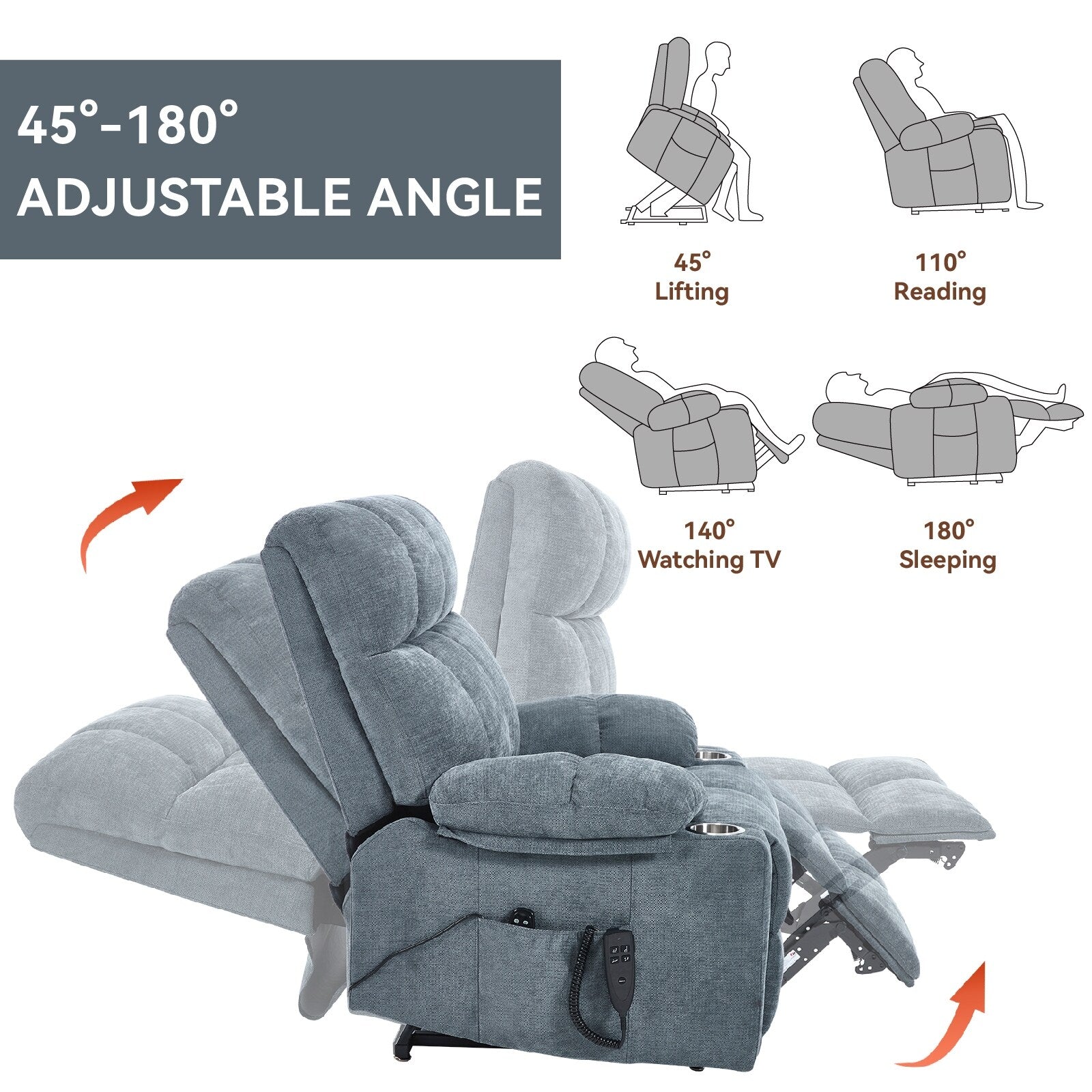 Lazy Boy Dual Motor Chenille Power Lift Recliner w/Massage and Lumbar Heating, Dual Cup Holders, Grey-Blue