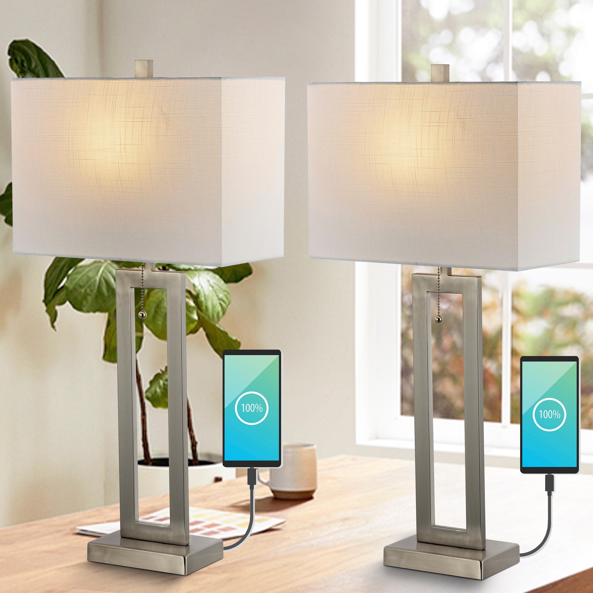 Lampe de table LED industrielle vintage Lucie 28,5 cm avec chaînette et port de chargement USB (lot de 2) par JONATHAN Y