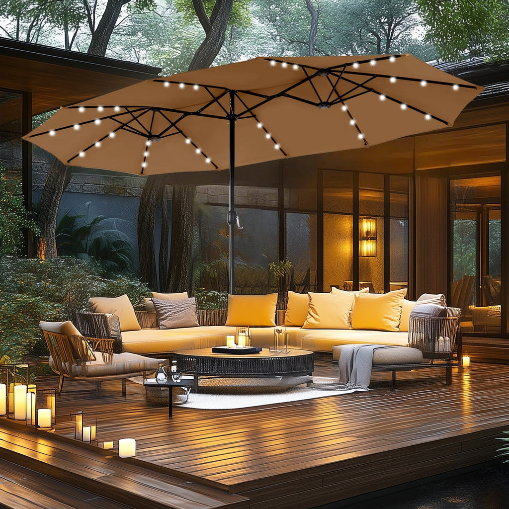 MAISON ARTS Parasol de marché extérieur rectangulaire à manivelle double face de 15 pieds Parasol de patio éclairé par LED solaire avec base incluse