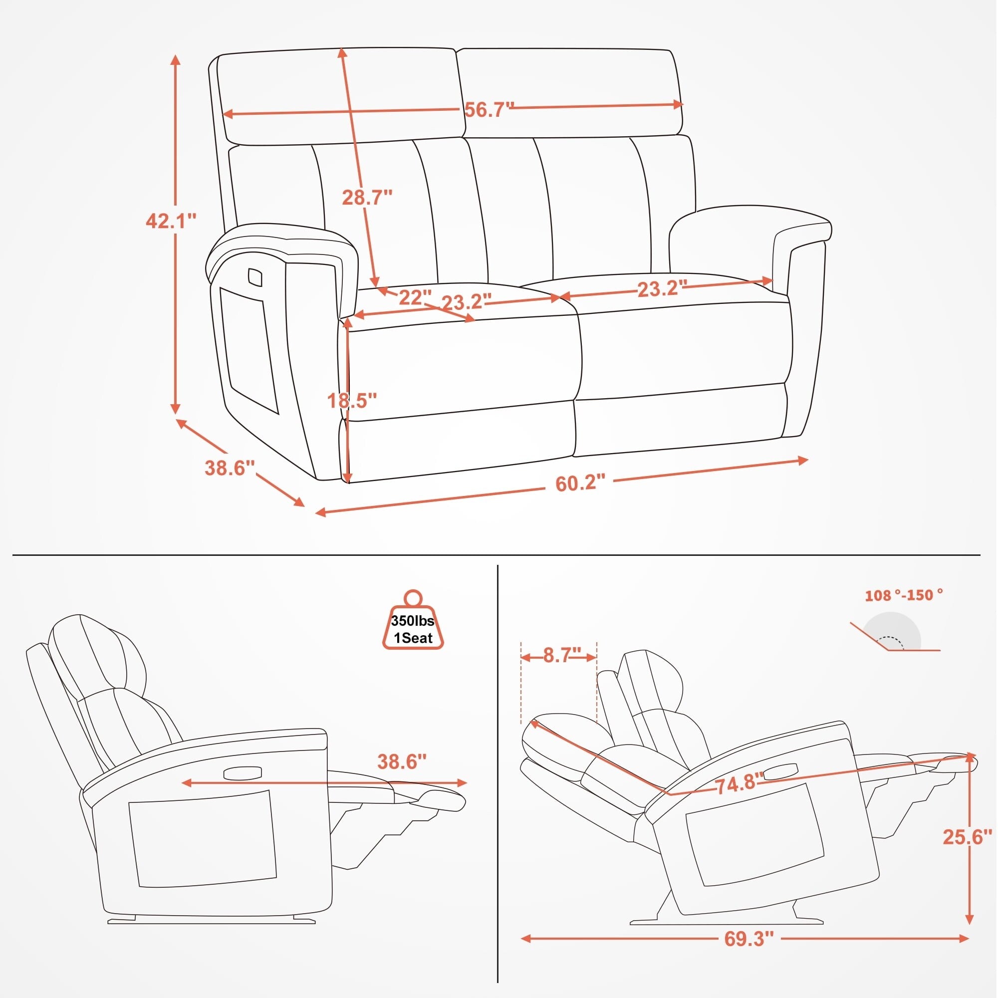 MCombo 60.2 Power Loveseat Recliner Sofa with Massage and Dual Heating, Adjustable Headrest, USB & Type C Port, Fabric