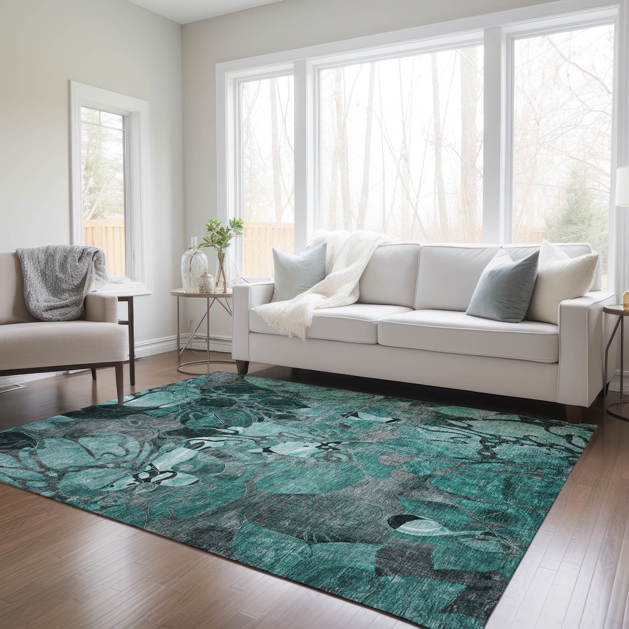 Machine Washable Indoor/ Outdoor Modern Floral Chantille Rug