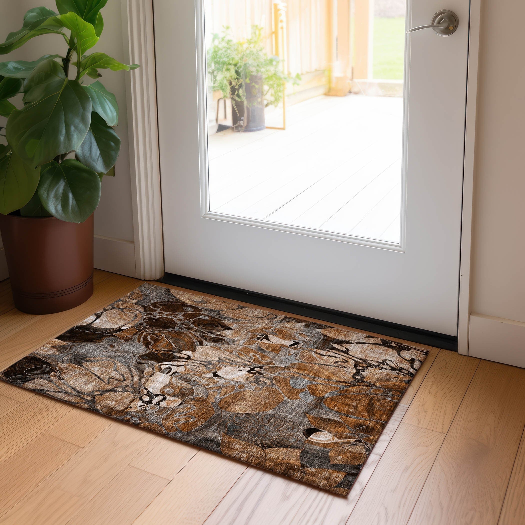 Machine Washable Indoor/ Outdoor Modern Floral Chantille Rug