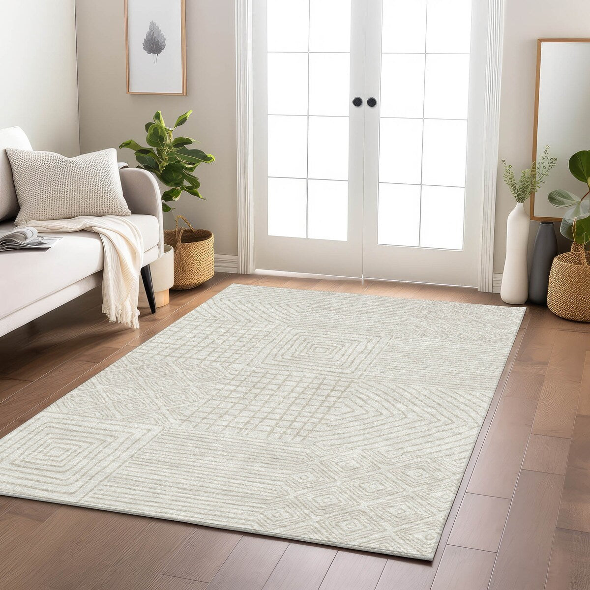 Machine Washable Indoor/ Outdoor Modern Mosaic Chantille Rug