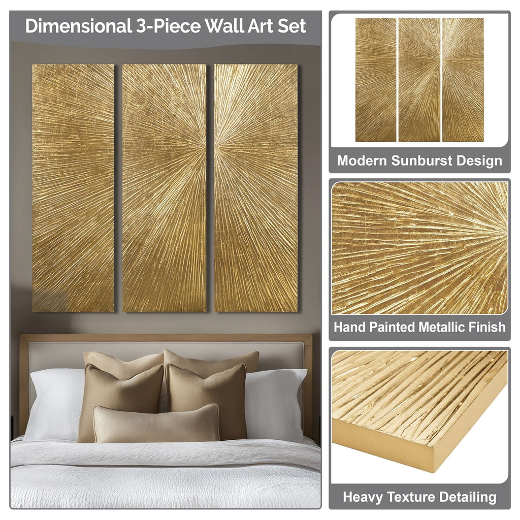 Ensemble de 3 triptyques muraux en résine dimensionnelle peints à la main Madison Park Signature Sunburst