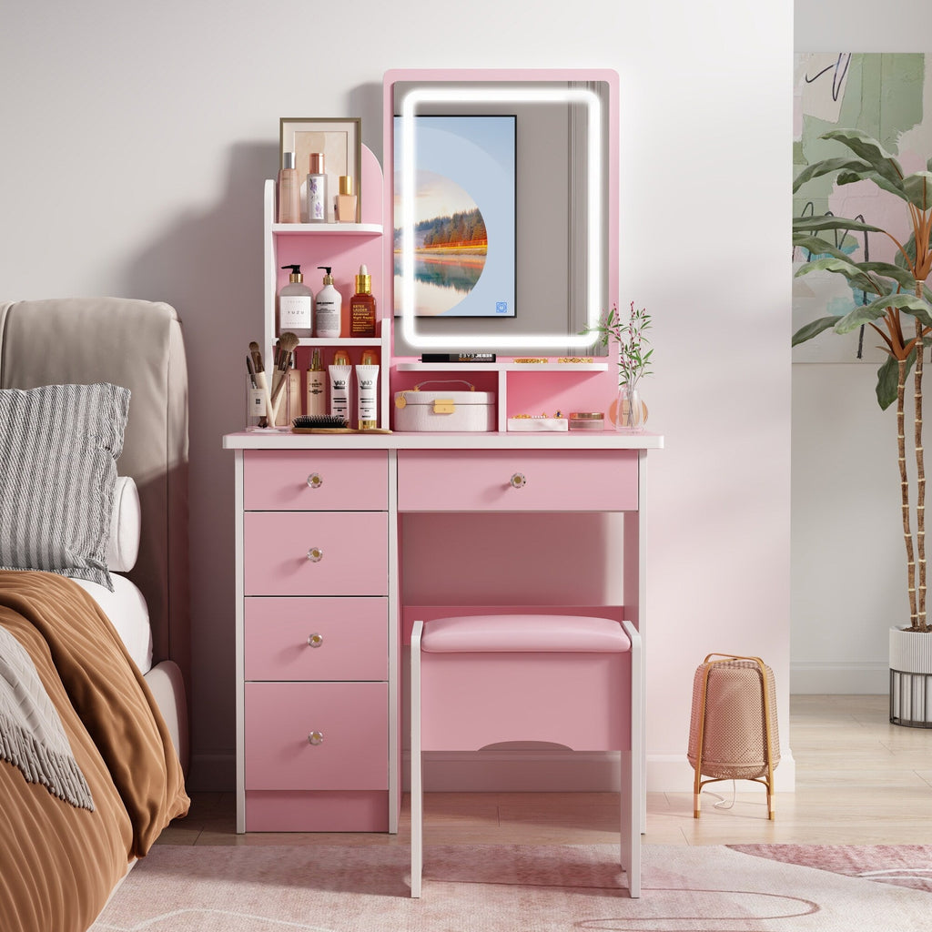 Coiffeuse avec éclairage LED, miroir et tabouret